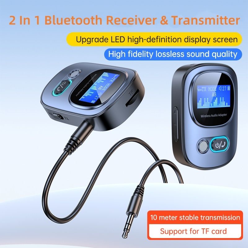 LED Screen Display 2-In-1 Bluetooth 5.3 Receiver and Transmitter Wireless 3.5mm AUX Bluetooth Audio Adapter Support TF Card