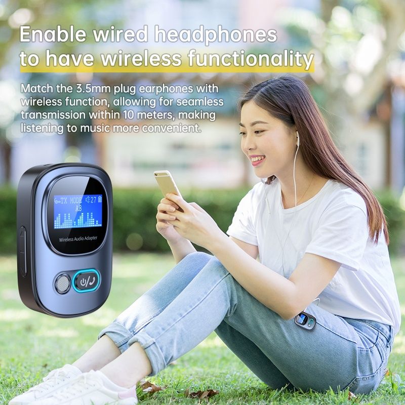 LED Screen Display 2-In-1 Bluetooth 5.3 Receiver and Transmitter Wireless 3.5mm AUX Bluetooth Audio Adapter Support TF Card