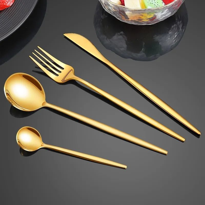 24pcs Gold Dinnerware Set Stainless Steel Steak Knife Fork Coffee Spoon Teaspoon  Flatware Sets Dishwasher Safe Kitchen Tablewar