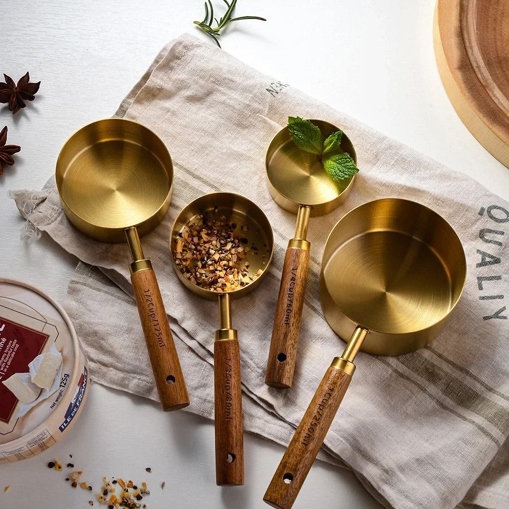 4pcs Measuring Spoon Set Wooden Handle Stainless Steel Measuring Cups Spoons Baking Tools Coffee Bartending Scale Kitchen Accessories