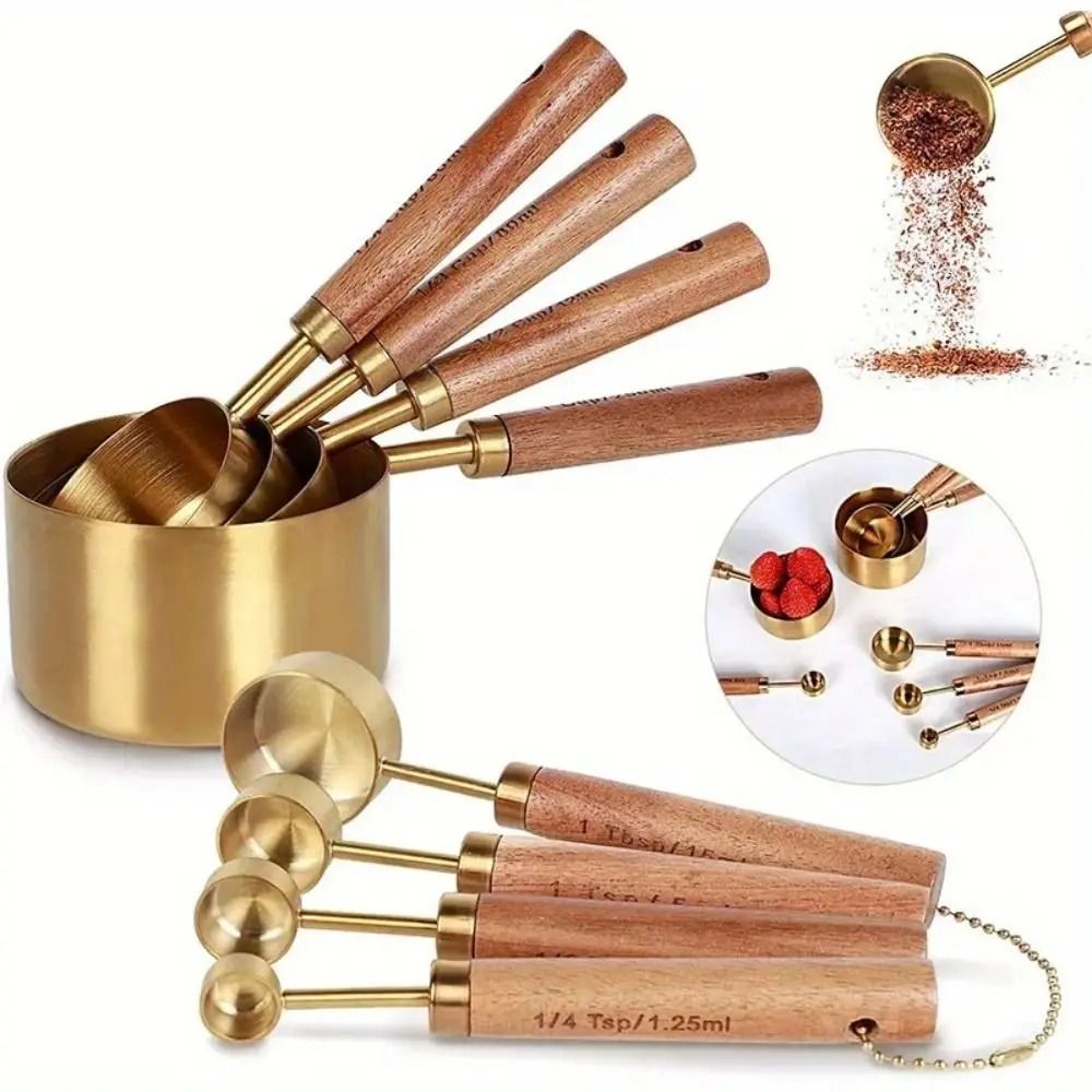 4pcs Measuring Spoon Set Wooden Handle Stainless Steel Measuring Cups Spoons Baking Tools Coffee Bartending Scale Kitchen Accessories
