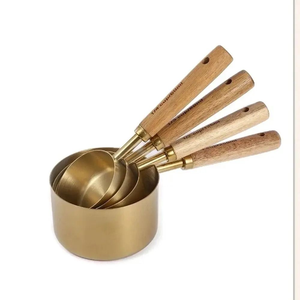 4pcs Measuring Spoon Set Wooden Handle Stainless Steel Measuring Cups Spoons Baking Tools Coffee Bartending Scale Kitchen Accessories