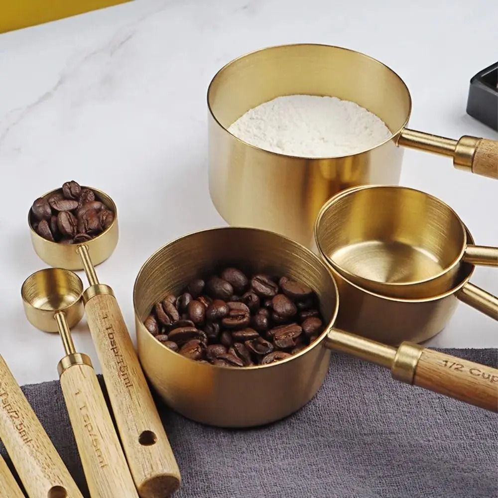 4pcs Measuring Spoon Set Wooden Handle Stainless Steel Measuring Cups Spoons Baking Tools Coffee Bartending Scale Kitchen Accessories