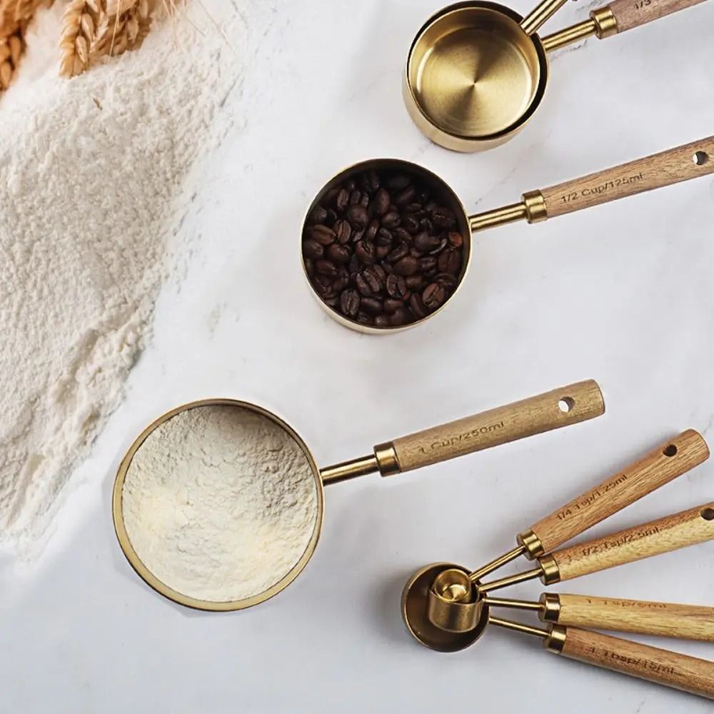 4pcs Measuring Spoon Set Wooden Handle Stainless Steel Measuring Cups Spoons Baking Tools Coffee Bartending Scale Kitchen Accessories