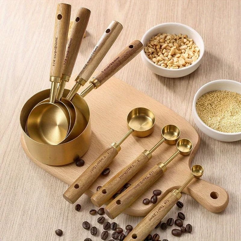 4pcs Measuring Spoon Set Wooden Handle Stainless Steel Measuring Cups Spoons Baking Tools Coffee Bartending Scale Kitchen Accessories