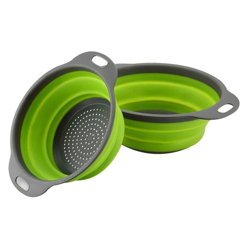 2pcs Silicone Round Folding Vegetable Fruits Washing Drain Basket Colander Strainer Collapsible Drainer Kitchen Tool Cookware Sets Cooking
