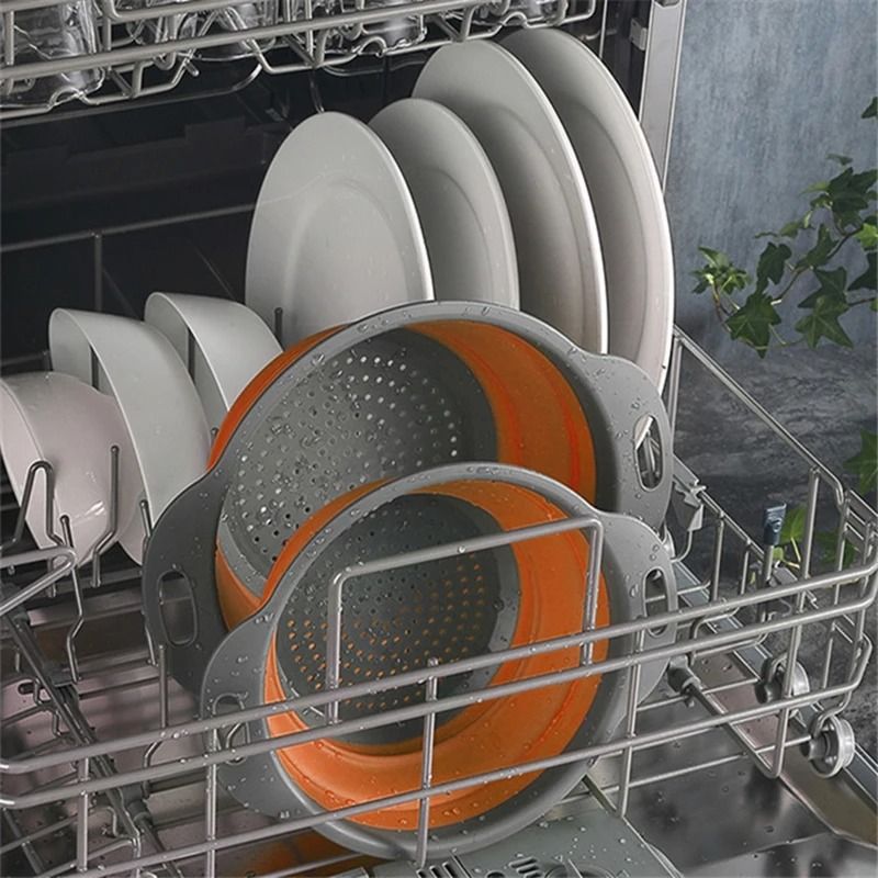 2pcs Silicone Round Folding Vegetable Fruits Washing Drain Basket Colander Strainer Collapsible Drainer Kitchen Tool Cookware Sets Cooking