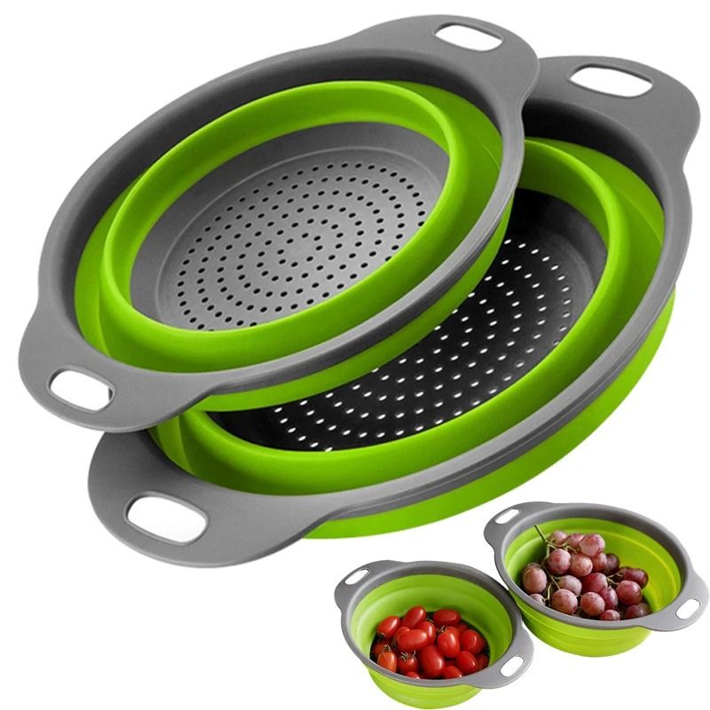 2pcs Silicone Round Folding Vegetable Fruits Washing Drain Basket Colander Strainer Collapsible Drainer Kitchen Tool Cookware Sets Cooking