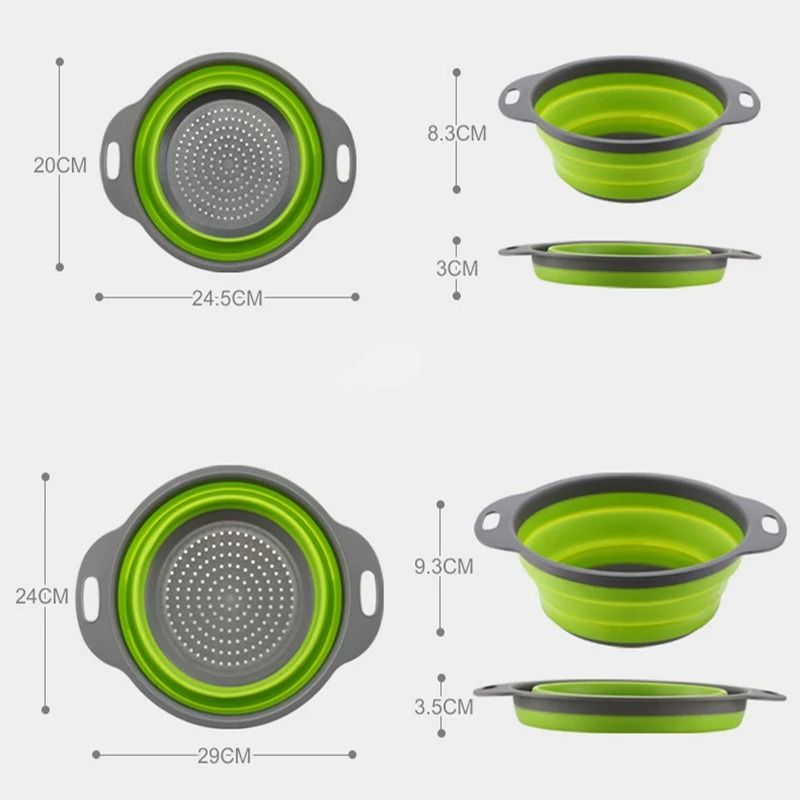 2pcs Silicone Round Folding Vegetable Fruits Washing Drain Basket Colander Strainer Collapsible Drainer Kitchen Tool Cookware Sets Cooking
