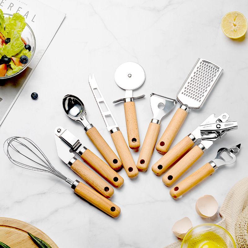 9Pcs Cooking Utensils Set With Wooden Handle Can Opener Baking Set Cooking Tool Kitchenware Pizza Peeler Cheese Knife Kitchen Gadget