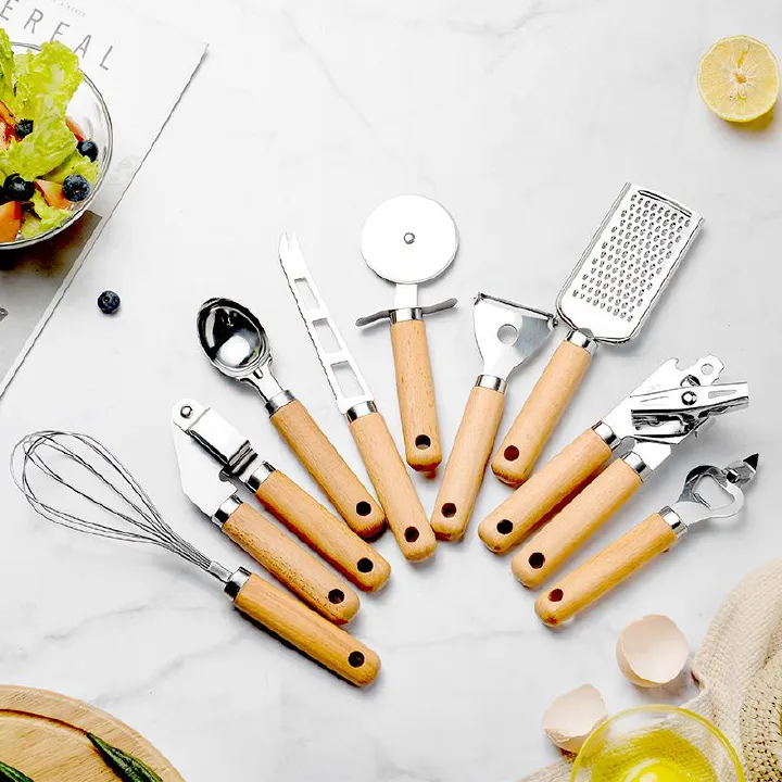 9Pcs Cooking Utensils Set With Wooden Handle Can Opener Baking Set Cooking Tool Kitchenware Pizza Peeler Cheese Knife Kitchen Gadget