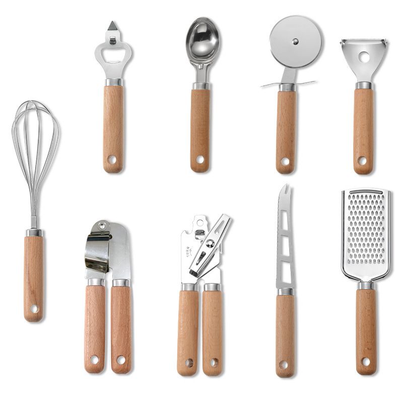 9Pcs Cooking Utensils Set With Wooden Handle Can Opener Baking Set Cooking Tool Kitchenware Pizza Peeler Cheese Knife Kitchen Gadget