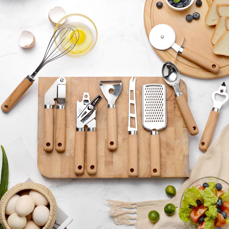 9Pcs Cooking Utensils Set With Wooden Handle Can Opener Baking Set Cooking Tool Kitchenware Pizza Peeler Cheese Knife Kitchen Gadget