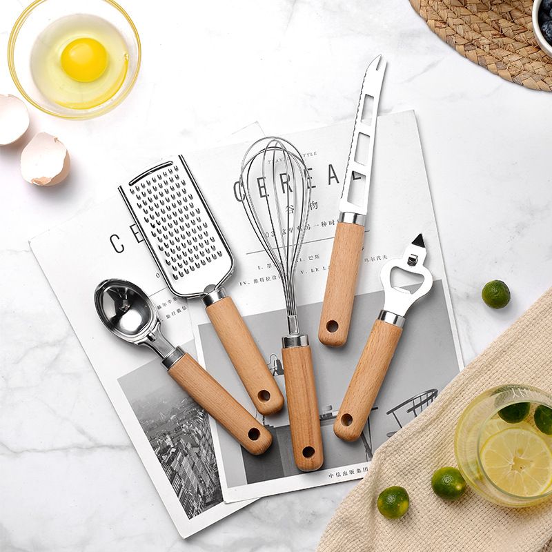 9Pcs Cooking Utensils Set With Wooden Handle Can Opener Baking Set Cooking Tool Kitchenware Pizza Peeler Cheese Knife Kitchen Gadget