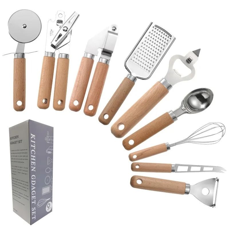 9Pcs Cooking Utensils Set With Wooden Handle Can Opener Baking Set Cooking Tool Kitchenware Pizza Peeler Cheese Knife Kitchen Gadget