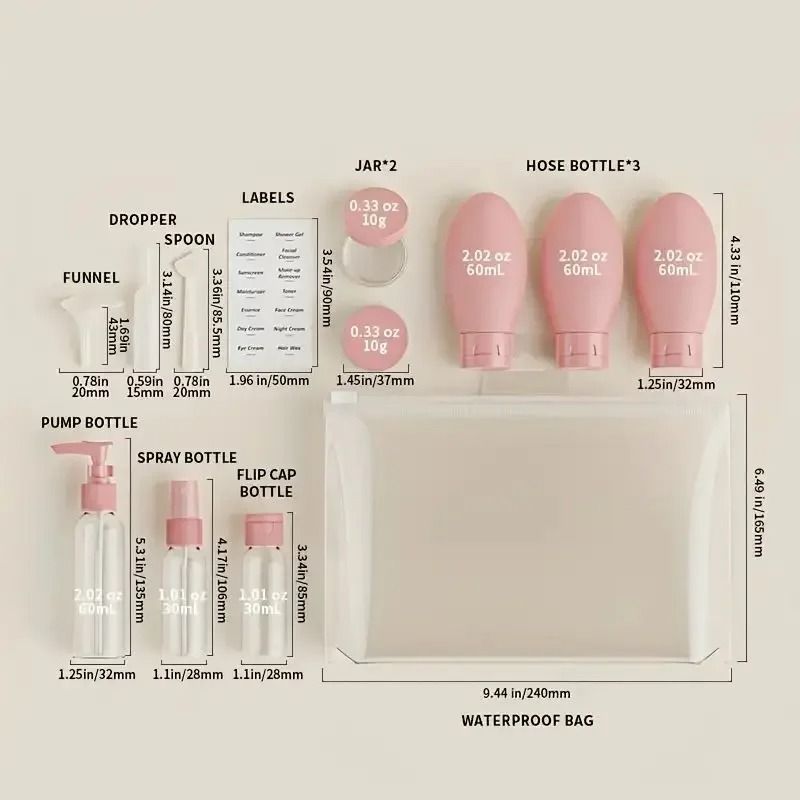 11pcs Travel Bottles Set With Storage Bag Travel Size Empty Liquid Cream Lotion Containers Fine Mist Spray Bottle Squeeze Tubes  Cosmetic Storage Box
