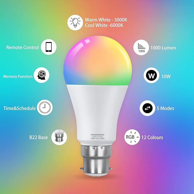 10W  B22 RGB LED Light Bulb Color Changing and White Dimmable with Remote Control Lighting