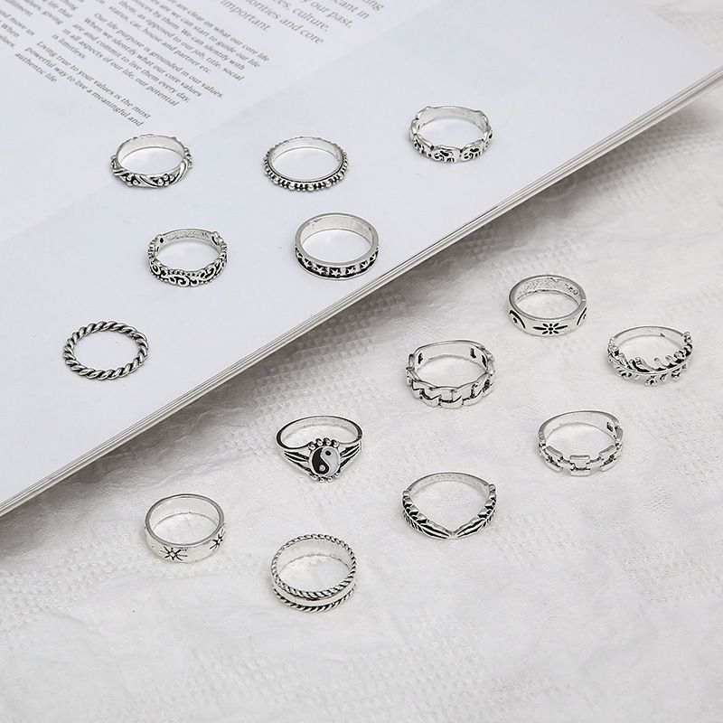 14 Pcs/Set Women's Ring Set Neo-Gothic Mixed Yin Yang Figure Feather Elephant Star Moon Sun Ring Women Personality Vintage Jewelry