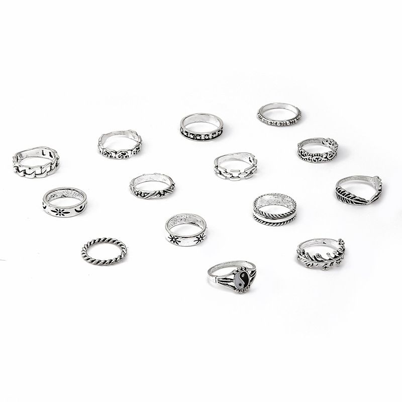 14 Pcs/Set Women's Ring Set Neo-Gothic Mixed Yin Yang Figure Feather Elephant Star Moon Sun Ring Women Personality Vintage Jewelry