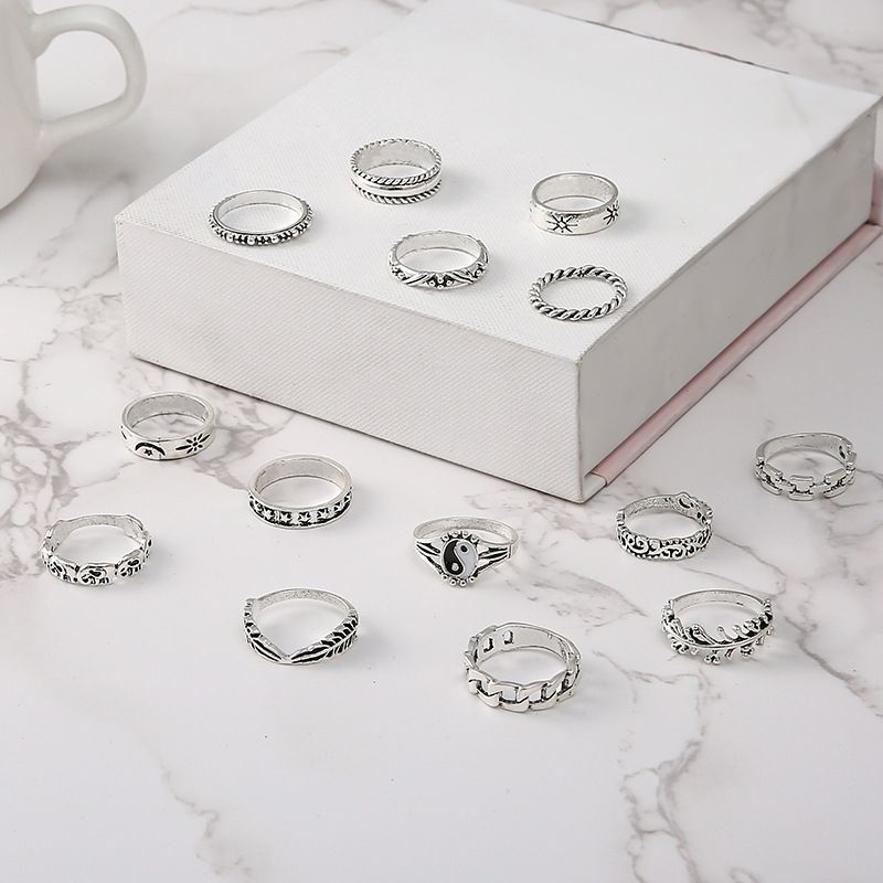 14 Pcs/Set Women's Ring Set Neo-Gothic Mixed Yin Yang Figure Feather Elephant Star Moon Sun Ring Women Personality Vintage Jewelry