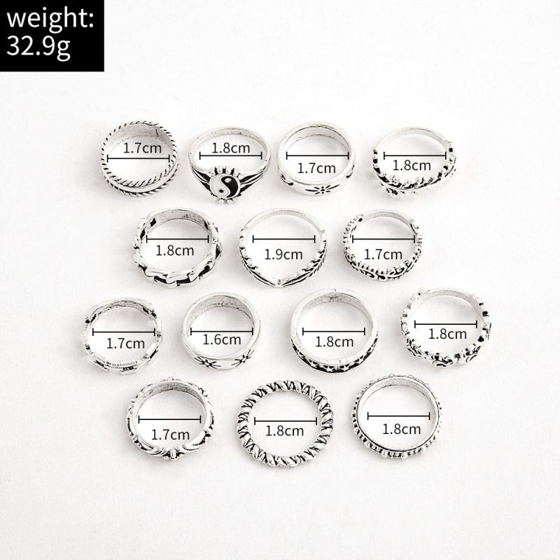 14 Pcs/Set Women's Ring Set Neo-Gothic Mixed Yin Yang Figure Feather Elephant Star Moon Sun Ring Women Personality Vintage Jewelry