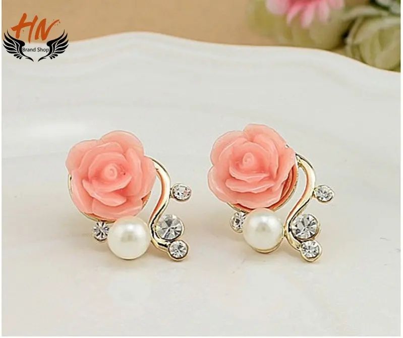 HN Jewellery Exaggerated Earrings New Style Korean Women Ol  Rose Imitation Pearl Crystal Earrings