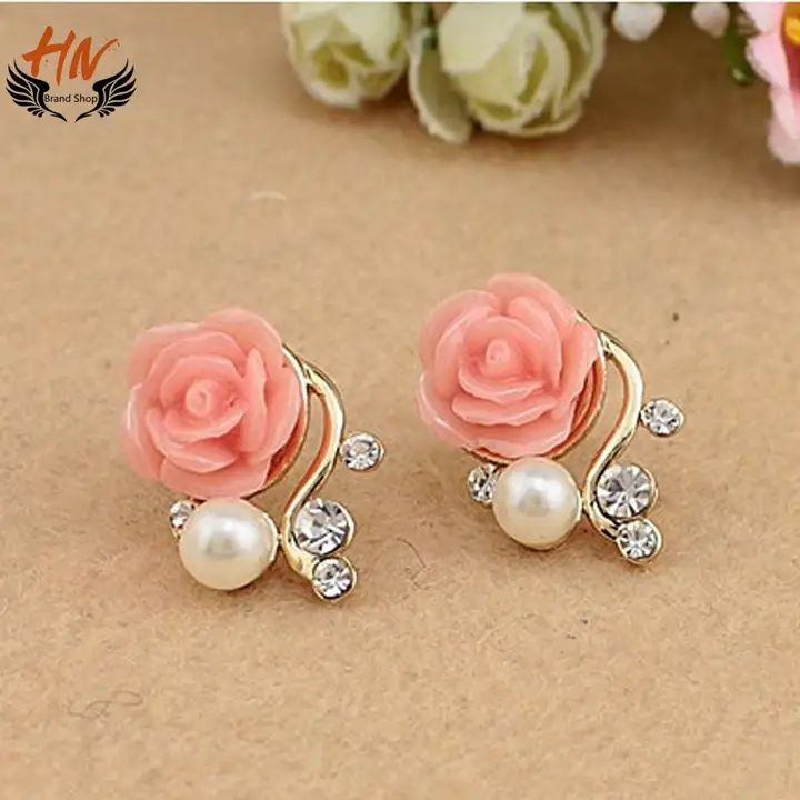 HN Jewellery Exaggerated Earrings New Style Korean Women Ol  Rose Imitation Pearl Crystal Earrings