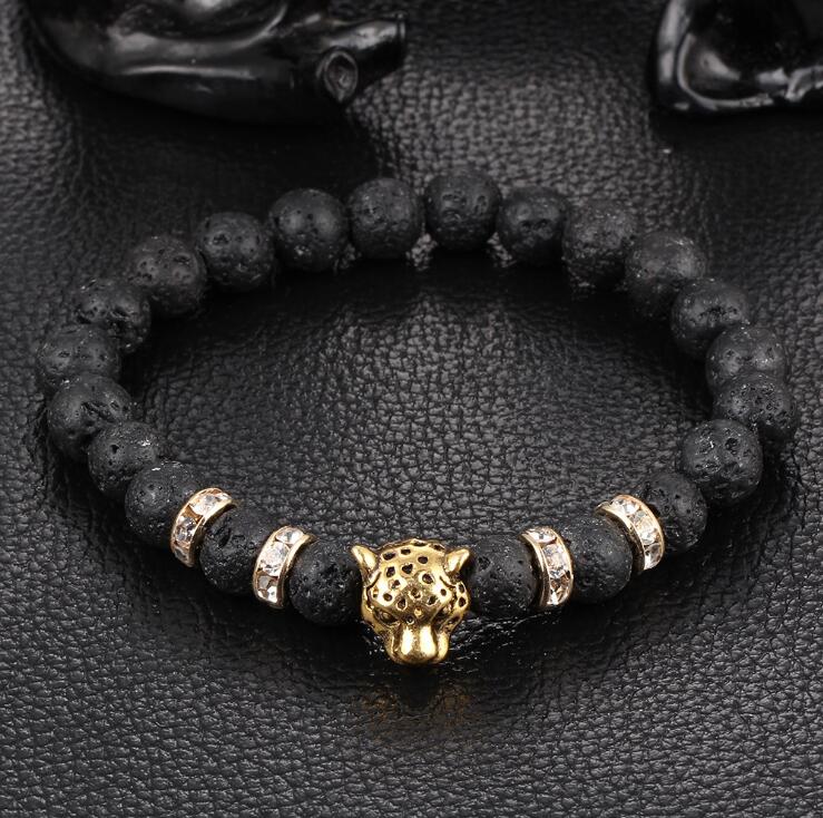 HN Brand 1 Piece New Lava stone hand string beads leopard head Bracelets Bangles Women Men Jewellery