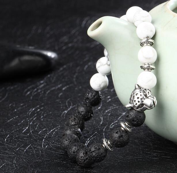 HN Brand 1 Piece New Lava stone hand string beads leopard head Bracelets Bangles Women Men Jewellery