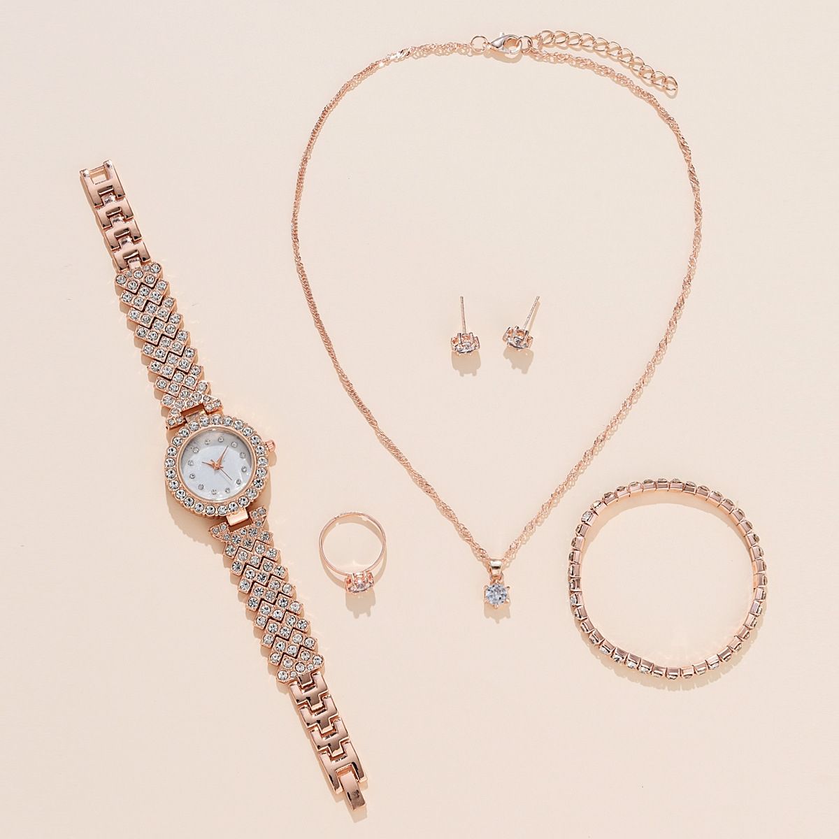 Women's Alloy Quartz Watch Necklace Earrings Bracelet Ring Accessories Set Combination Watch Gift
