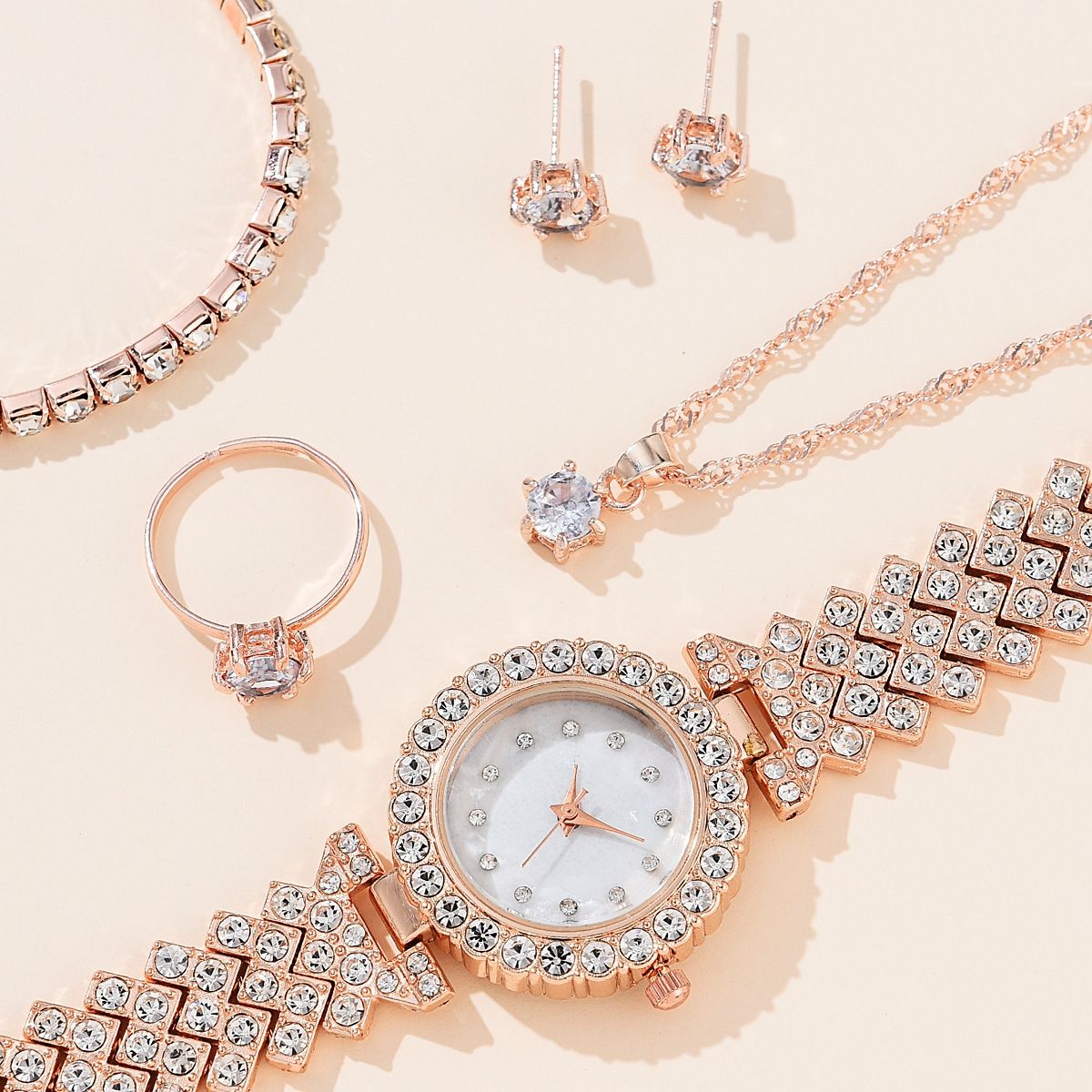 Women's Alloy Quartz Watch Necklace Earrings Bracelet Ring Accessories Set Combination Watch Gift