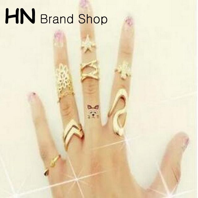 7PCS European and American exaggerated ring combination new hipster star four-leaf clover lace diamond joint tail ring ring