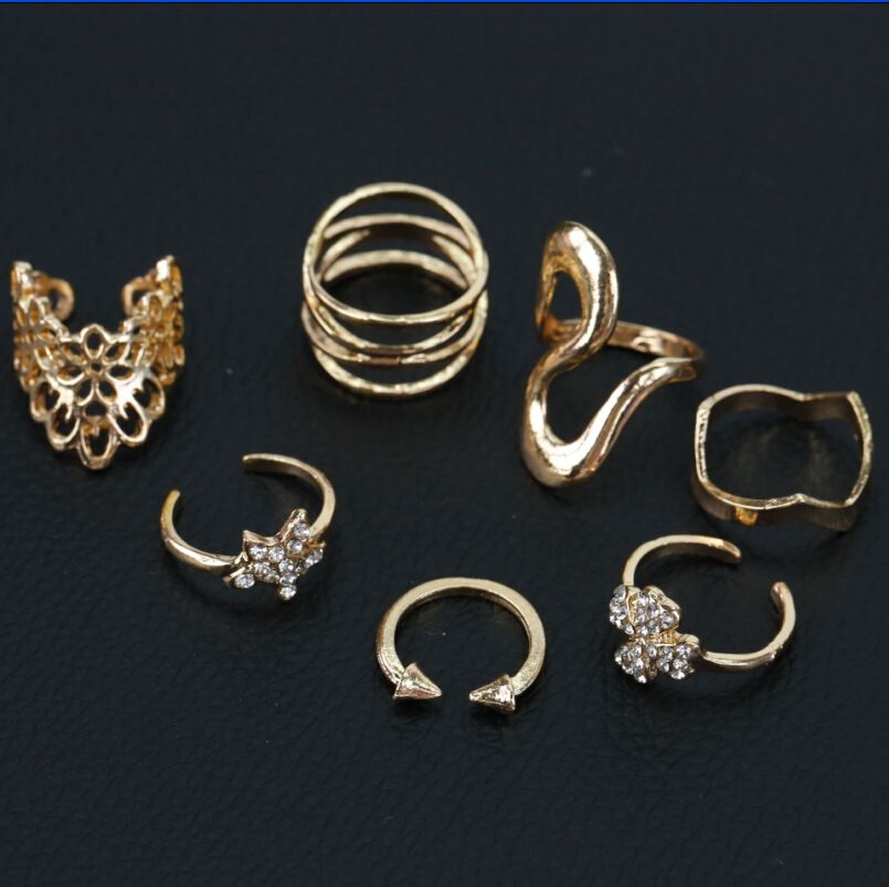 7PCS European and American exaggerated ring combination new hipster star four-leaf clover lace diamond joint tail ring ring