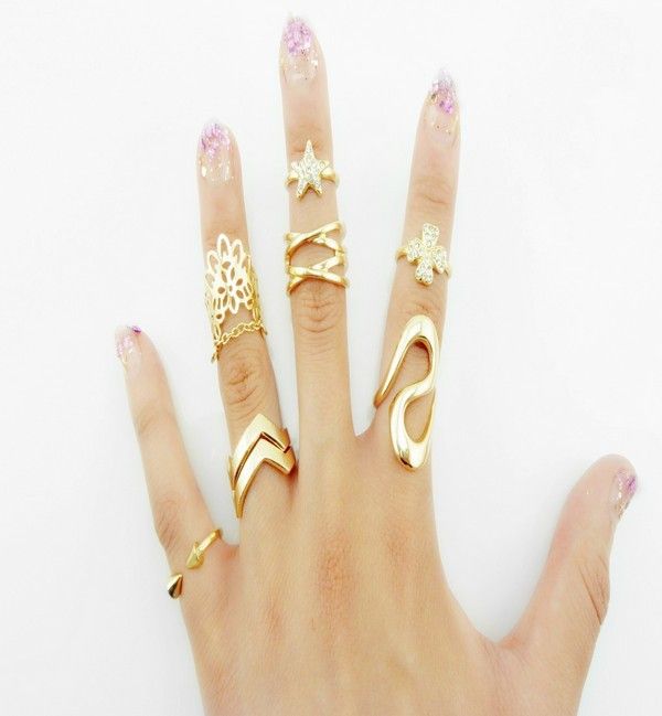 7PCS European and American exaggerated ring combination new hipster star four-leaf clover lace diamond joint tail ring ring