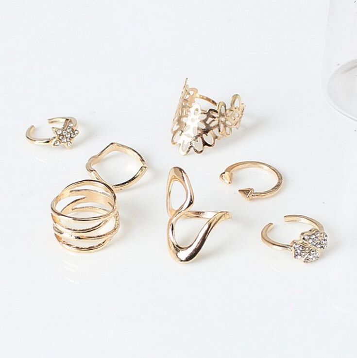 7PCS European and American exaggerated ring combination new hipster star four-leaf clover lace diamond joint tail ring ring