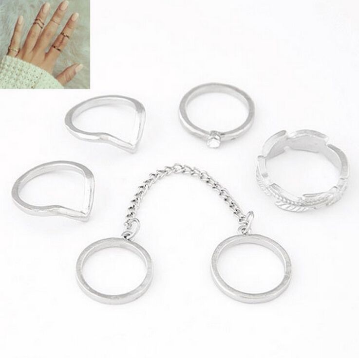 Explosive jewelry diamond leaf leaf V-shaped joint ring finger chain 6-piece ring set
