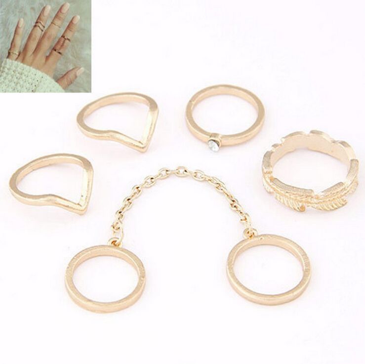Explosive jewelry diamond leaf leaf V-shaped joint ring finger chain 6-piece ring set