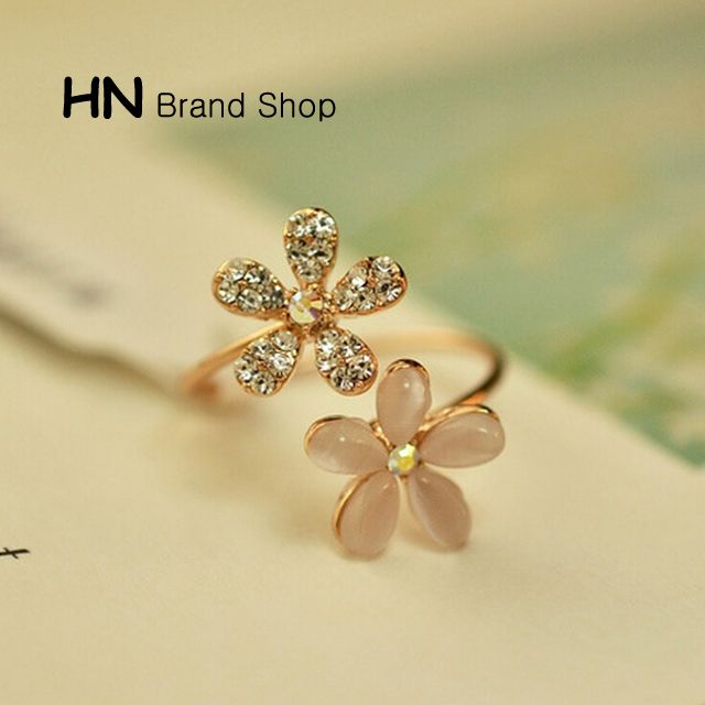Korean fashion Opal flower rhinestone ring adjustable women's small Daisy flower opening ring ring