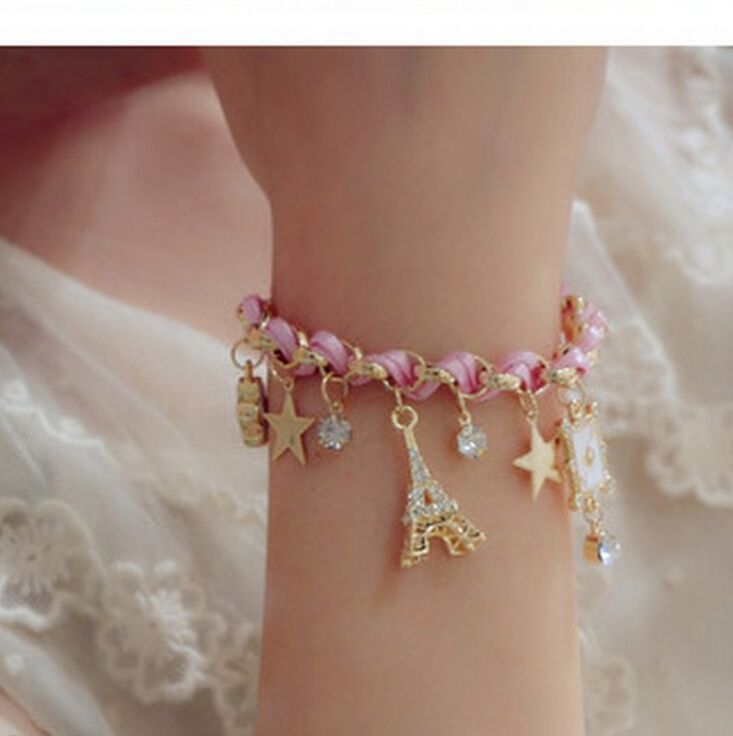 Korean version of fashion accessories Eiffel Tower stars flowers poker skin love bracelet anklets dual use
