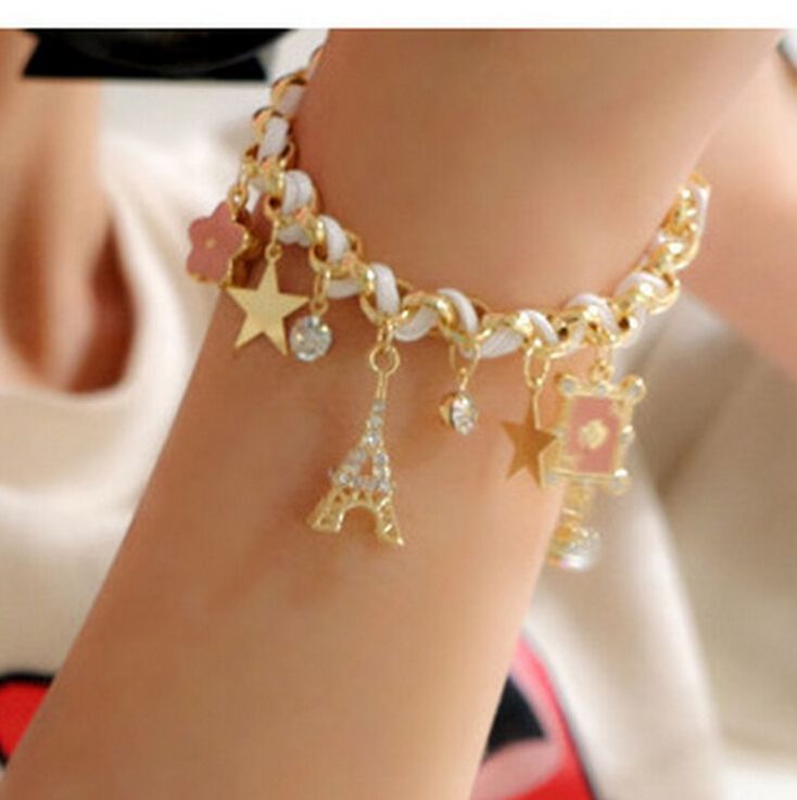 Korean version of fashion accessories Eiffel Tower stars flowers poker skin love bracelet anklets dual use