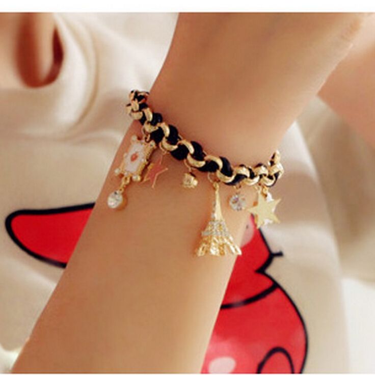 Korean version of fashion accessories Eiffel Tower stars flowers poker skin love bracelet anklets dual use