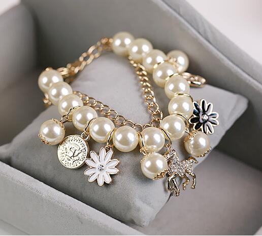 HN Brand-1 pcs  New Beautiful  Women Jewellery Gift New diamond-set Pony Pearl Daisy flower pendant Korean petal multi-layer bracelet bracelet jewelry bracelet