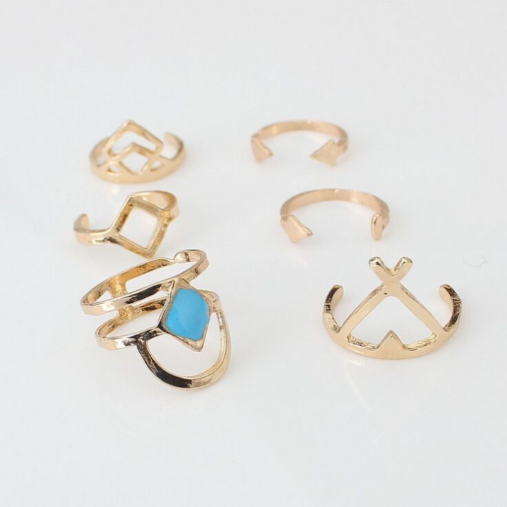 European and American fashion retro Bohemian national wind geometry hollow triangle six-piece ring ring with accessories