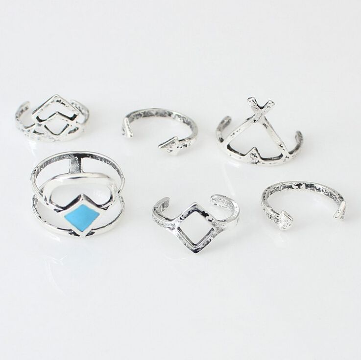 European and American fashion retro Bohemian national wind geometry hollow triangle six-piece ring ring with accessories