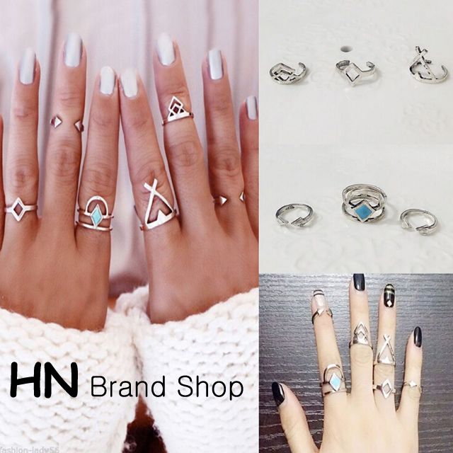 European and American fashion retro Bohemian national wind geometry hollow triangle six-piece ring ring with accessories
