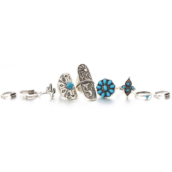 Europe and the United States cross-border retro jewelry cactus turquoise sunflower 9-piece alloy set ring