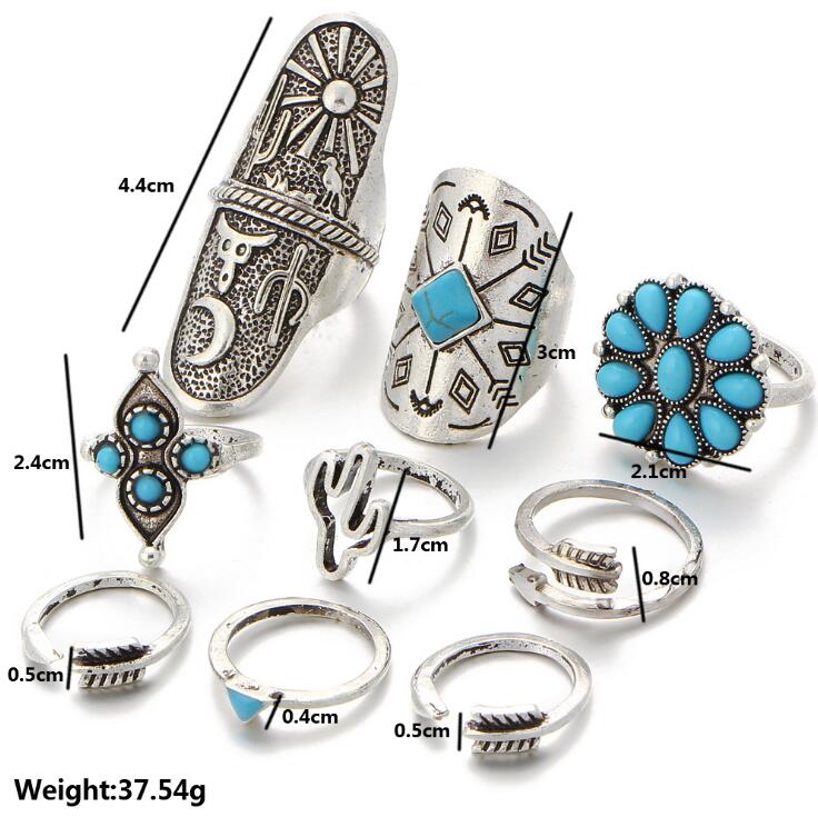 Europe and the United States cross-border retro jewelry cactus turquoise sunflower 9-piece alloy set ring