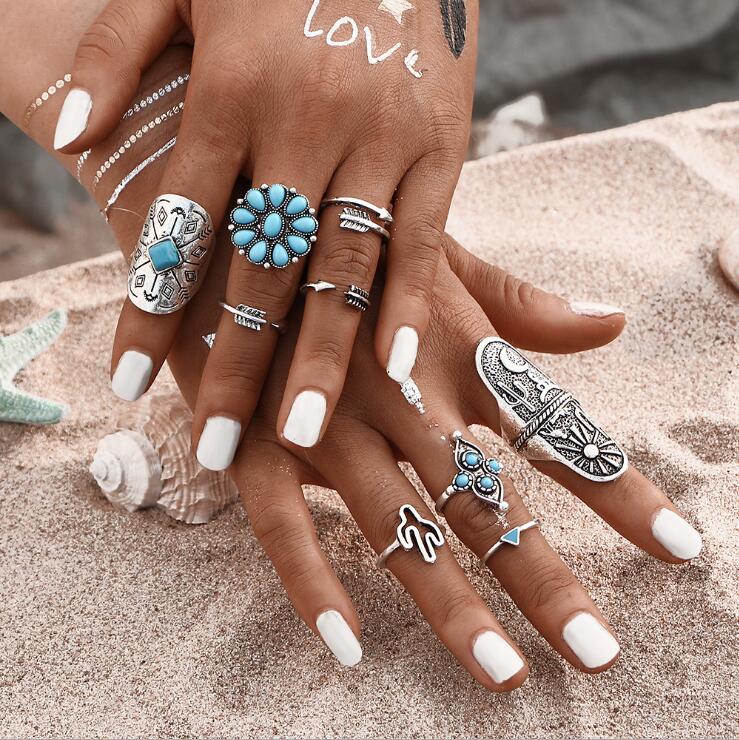 Europe and the United States cross-border retro jewelry cactus turquoise sunflower 9-piece alloy set ring