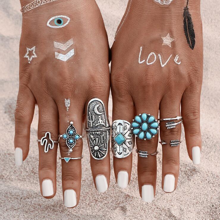Europe and the United States cross-border retro jewelry cactus turquoise sunflower 9-piece alloy set ring