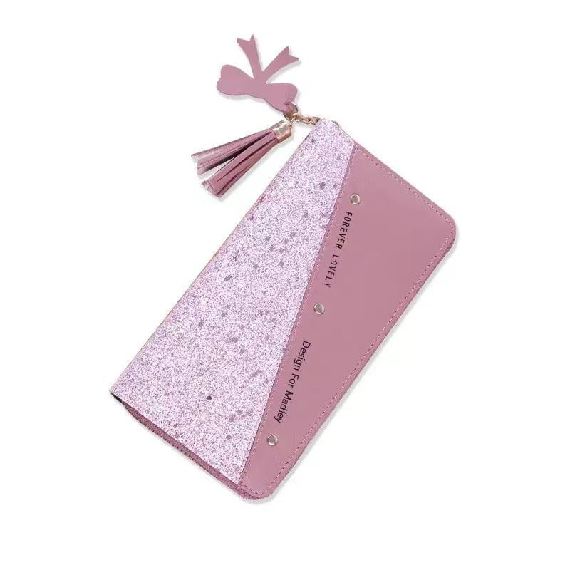 Fashion Women's Pu Leather Long Wallets Sequins Patchwork Glitter Wallet Coin Purse Female Wallets Girls Gifts Color Contrast Tassel and Rivet Details